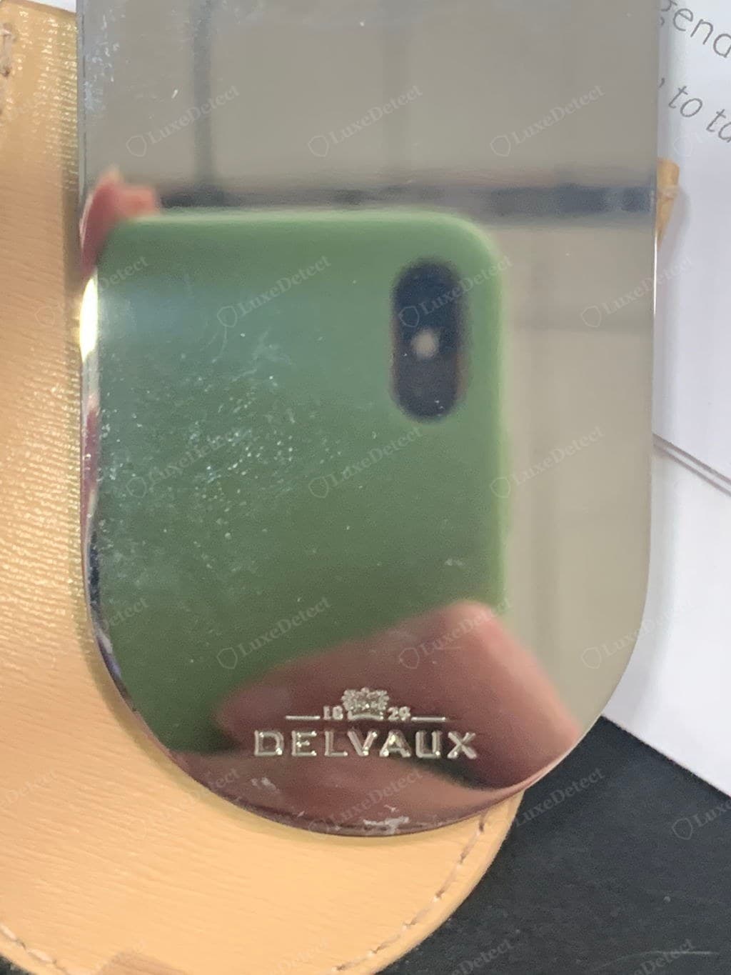 Genuine Delvaux clasp — solid metal with smoothly rounded edges, flawless even plating, crisp "DELVAUX" engraving