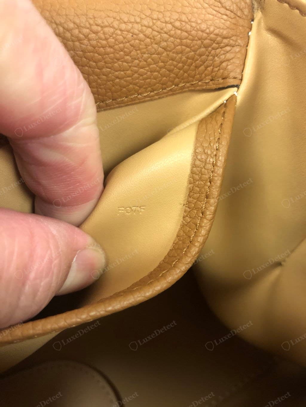 Genuine Delvaux interior — fine leather lining fitted cleanly, a heat-stamped reference in the house serif on an interior tab
