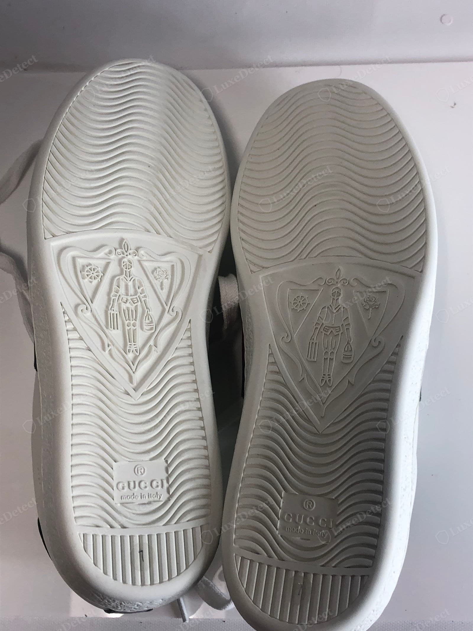 Counterfeit Gucci Ace sole illustration — a soft, mushy, or mis-registered moulded motif on the outsole