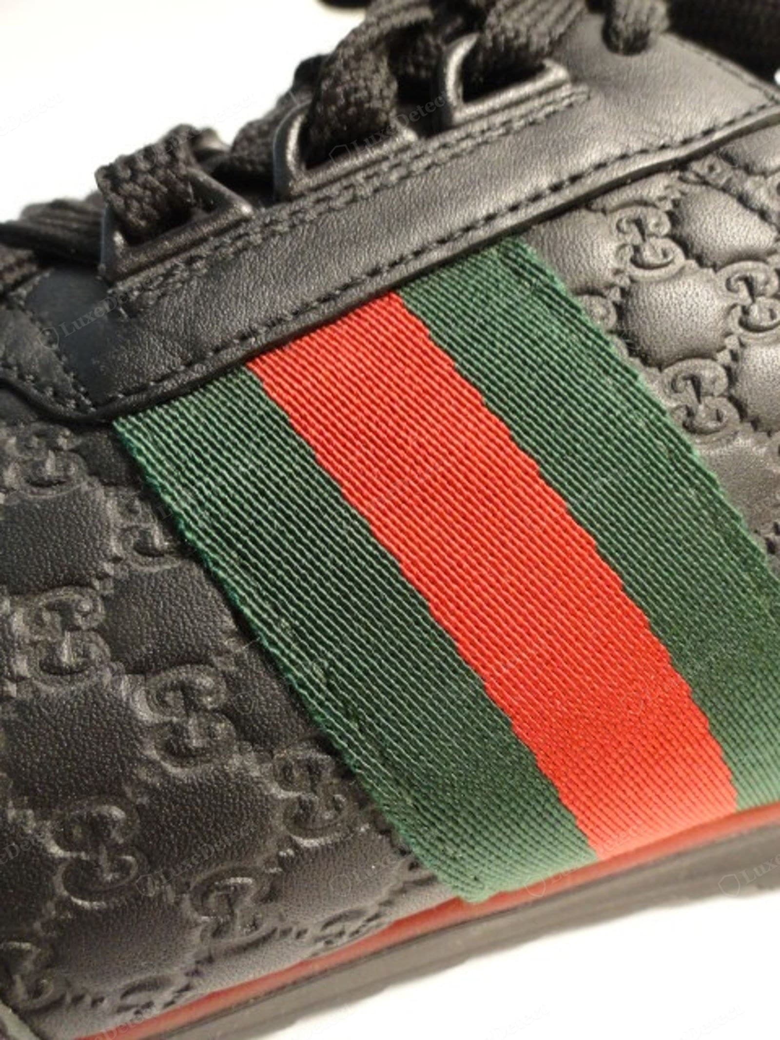 Genuine Gucci Ace Web stripe — woven ribbed grosgrain, exact band proportions, dead straight, even edge stitching