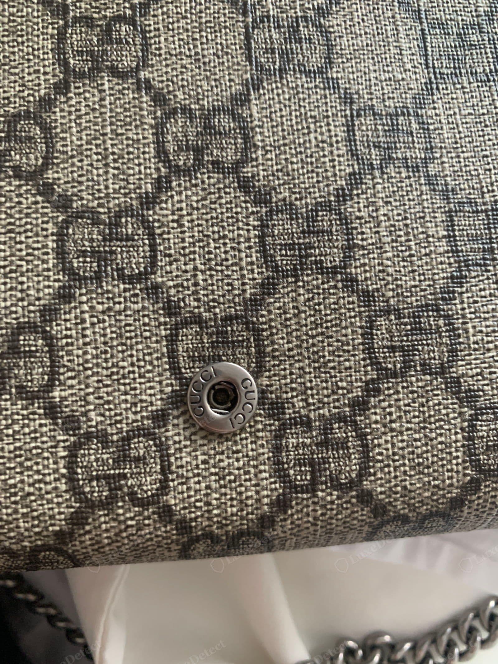 Genuine GG Supreme on a Dionysus: a smooth tightly coated canvas, the interlocking double-G motifs printed crisp and evenly spaced in soft beige and ebony, almost no weave showing through, beside a "GUCCI"-engraved snap