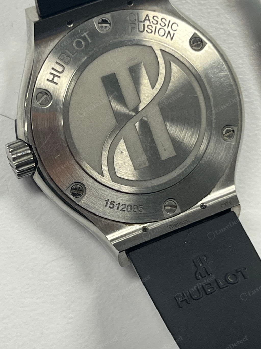 Genuine Hublot caseback numbers — the dot-separated reference and the serial deeply and evenly engraved