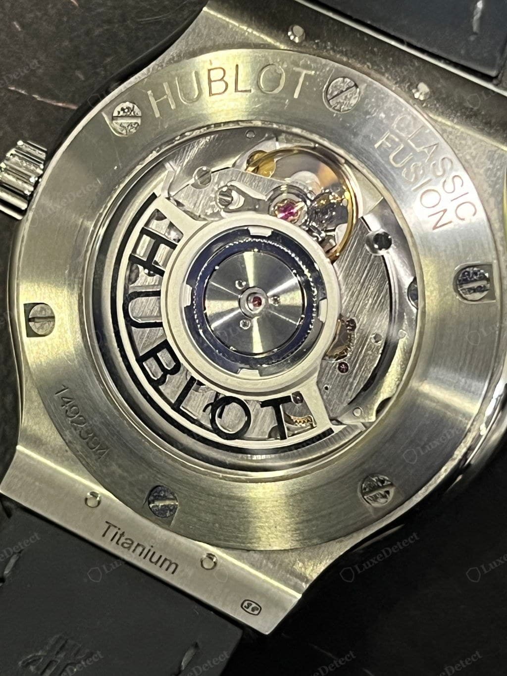 Genuine Hublot movement through the display back — HUBLOT-engraved rotor, consistent industrial finishing