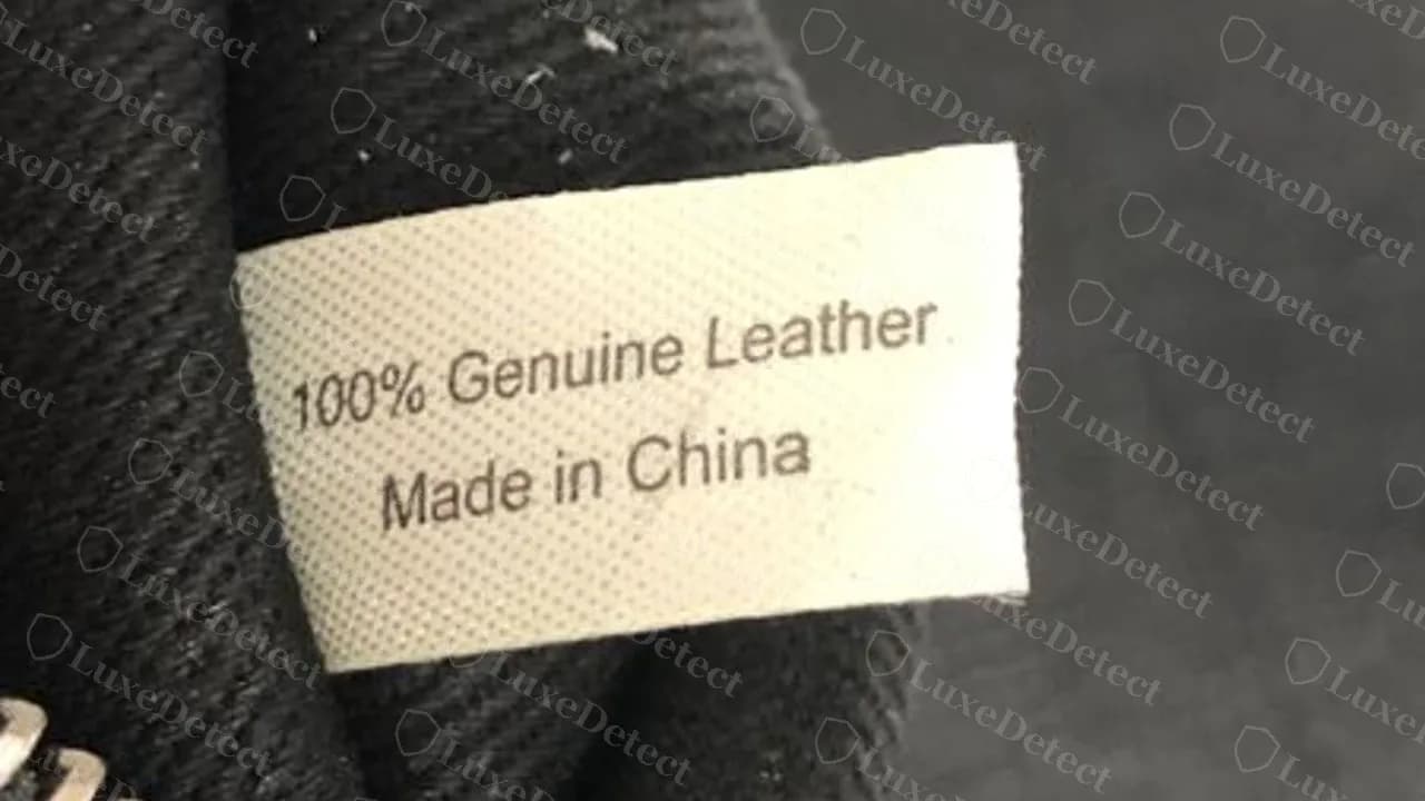 Etiqueta de cuidado cosida en el forro de un Pashli genuino: "100% Genuine Leather" y "Made in China"