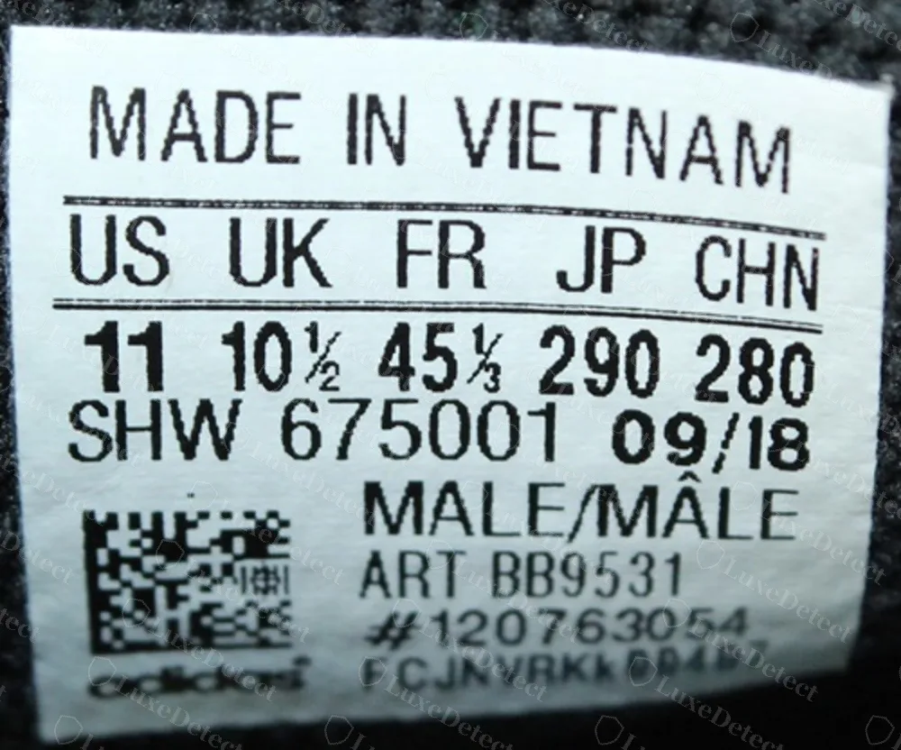 Genuine Hu NMD size label with SHW 675001 09/18, article BB9531 and its own serial