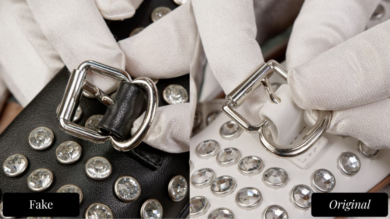 Alaïa ankle strap buckle — authentic shows a slim, precisely proportioned buckle with minimal leather bulk (right) vs fake with a bulkier buckle and rougher strap wrap (left)