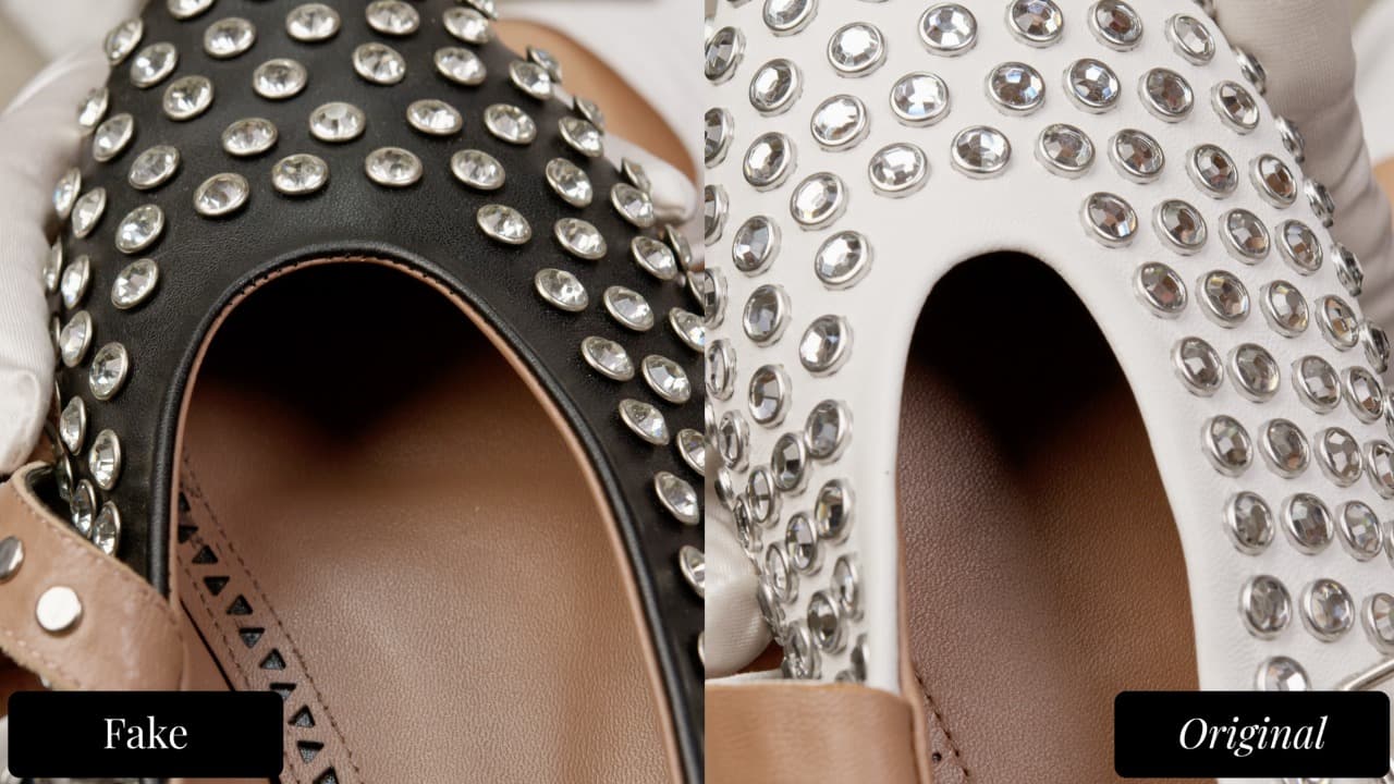 Alaïa ballet flat crystal embellishment — comparing crystal density, setting consistency, and facet quality between fake and authentic