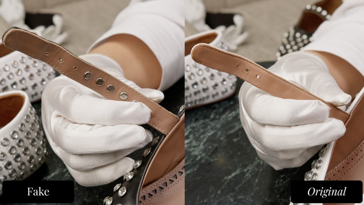 Alaïa ankle strap adjustment holes — authentic shows clean, minimal punched holes (right) vs fake with more holes, rougher edges, and unnecessary eyelet reinforcement (left)