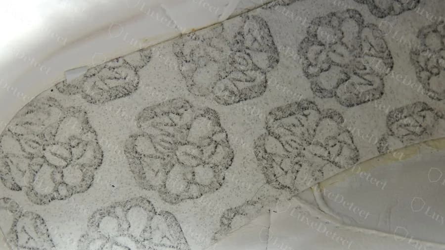 Counterfeit pair with a grey floral rosette print under the insole