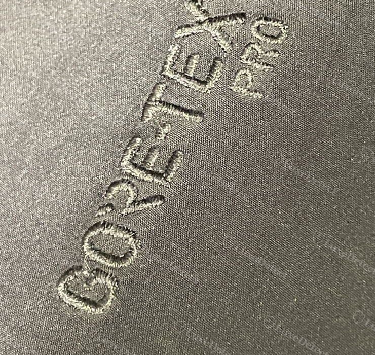 Authentic Beta AR interior label: raised, tone-on-tone GORE-TEX PRO embroidery matched to the shell fabric.