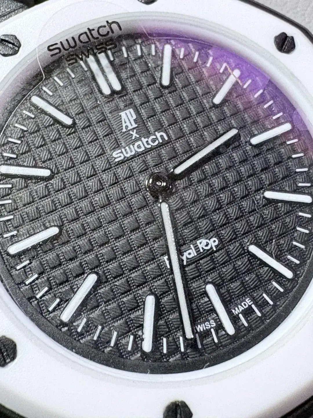 Fake AP x Swatch Royal Pop dial — compare text sharpness, font weight, and index application against the genuine example above.