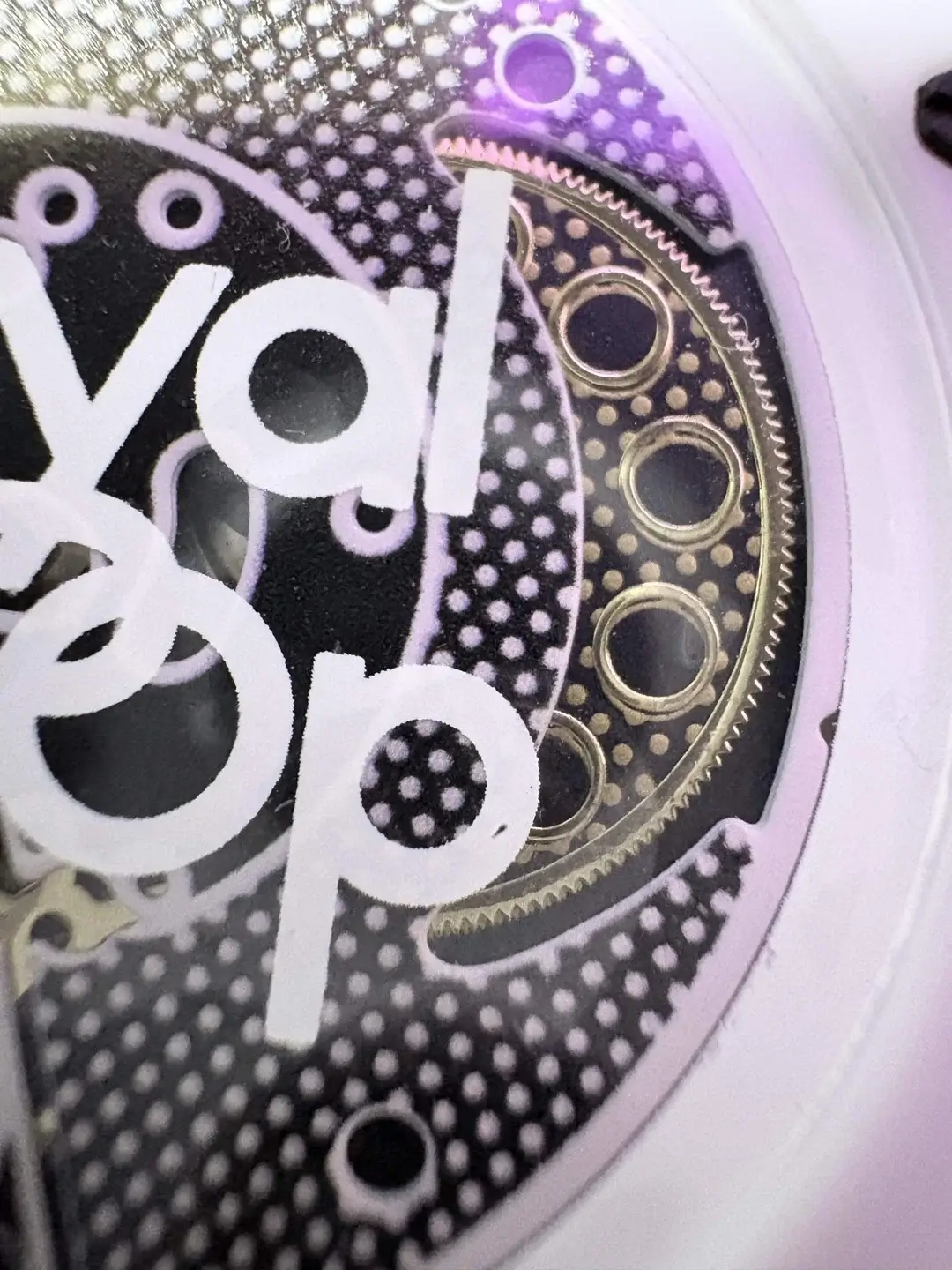 Fake AP x Swatch Royal Pop movement (view 1) — rotor branding and finishing do not match the genuine Swatch caliber.