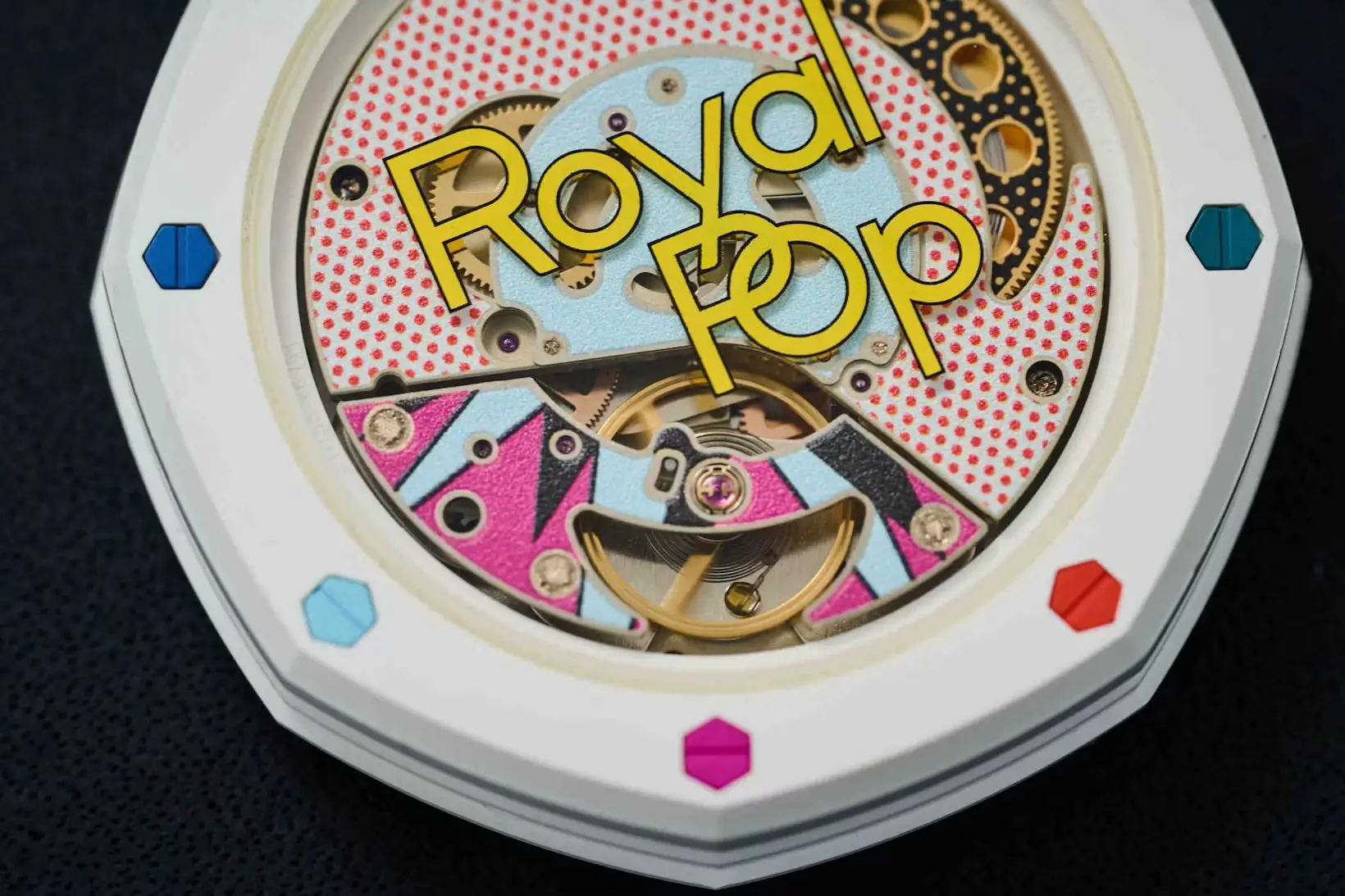 Real AP x Swatch Royal Pop movement (view 2) — consistent, machine-clean Swatch finishing.