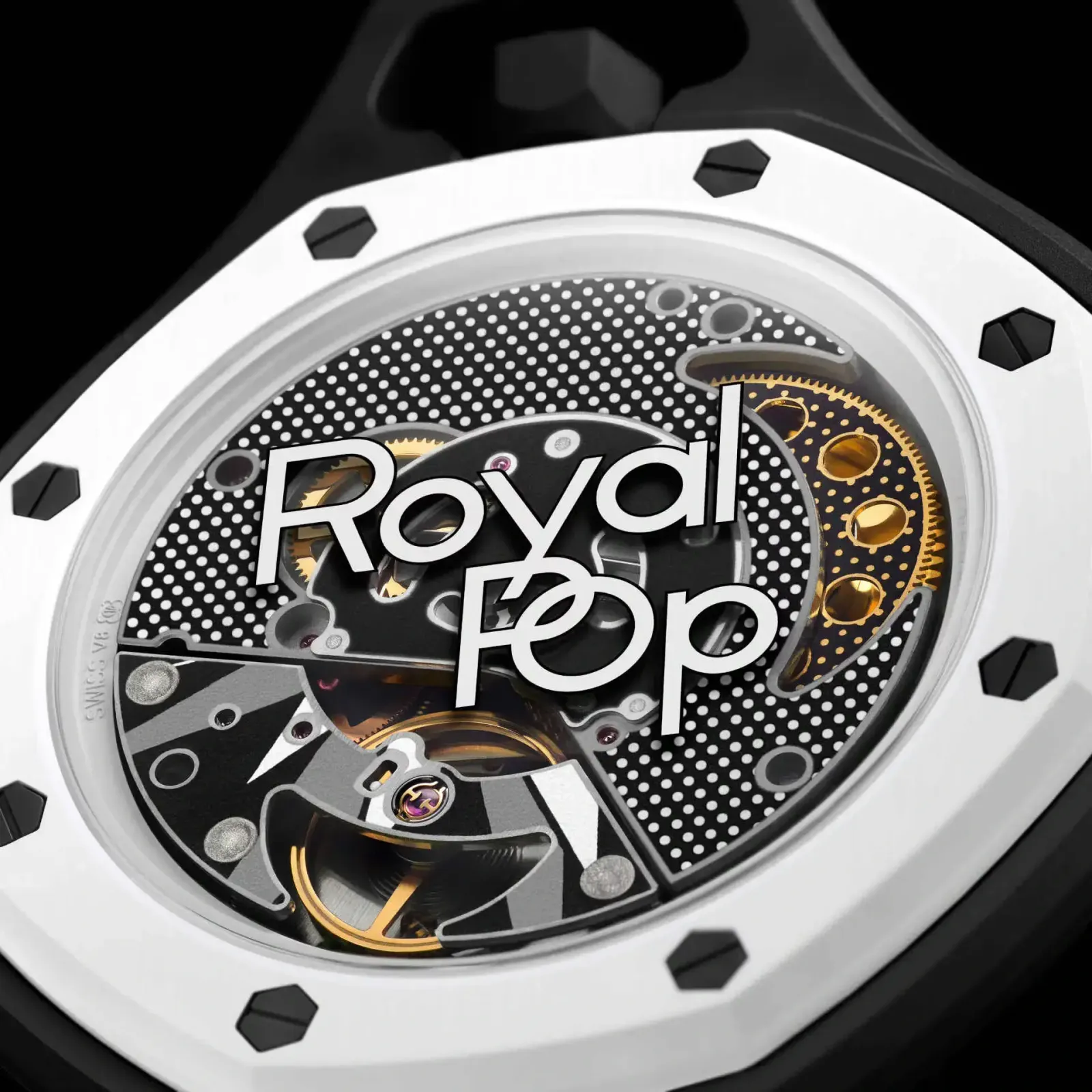 Royal Pop authentique vue de dos : huit têtes de vis noires hexagonales nettes, chacune avec une fente propre, régulièrement réparties autour de la lunette octogonale blanche en Bioceramic, sur l'impression noire à pois « Royal Pop ».