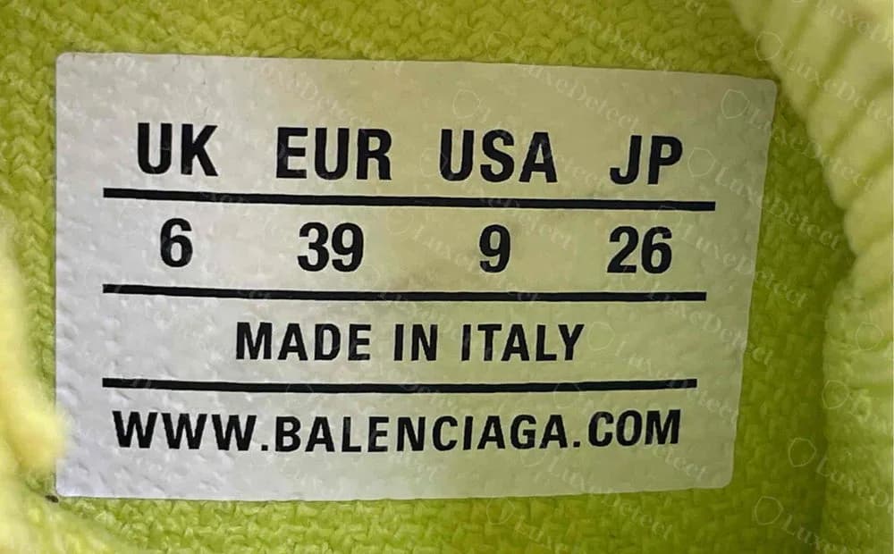 Genuine Balenciaga Speed size label for a women's EUR 39, reading UK 6, USA 9, JP 26, MADE IN ITALY and WWW.BALENCIAGA.COM