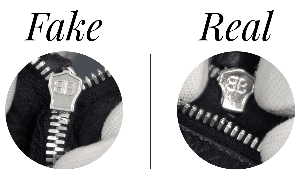 Balenciaga BB logo zipper pull — fake shows softer, less defined lettering (left) vs authentic pull with sharp, precisely interlocking BB letterforms (right)