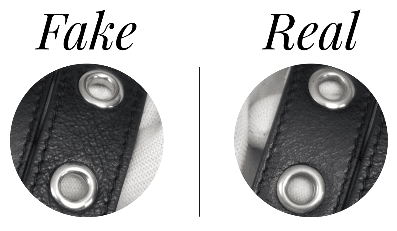 Balenciaga Cagole grommet hardware and stitching — comparing eyelet finish quality and stitch consistency between fake and authentic