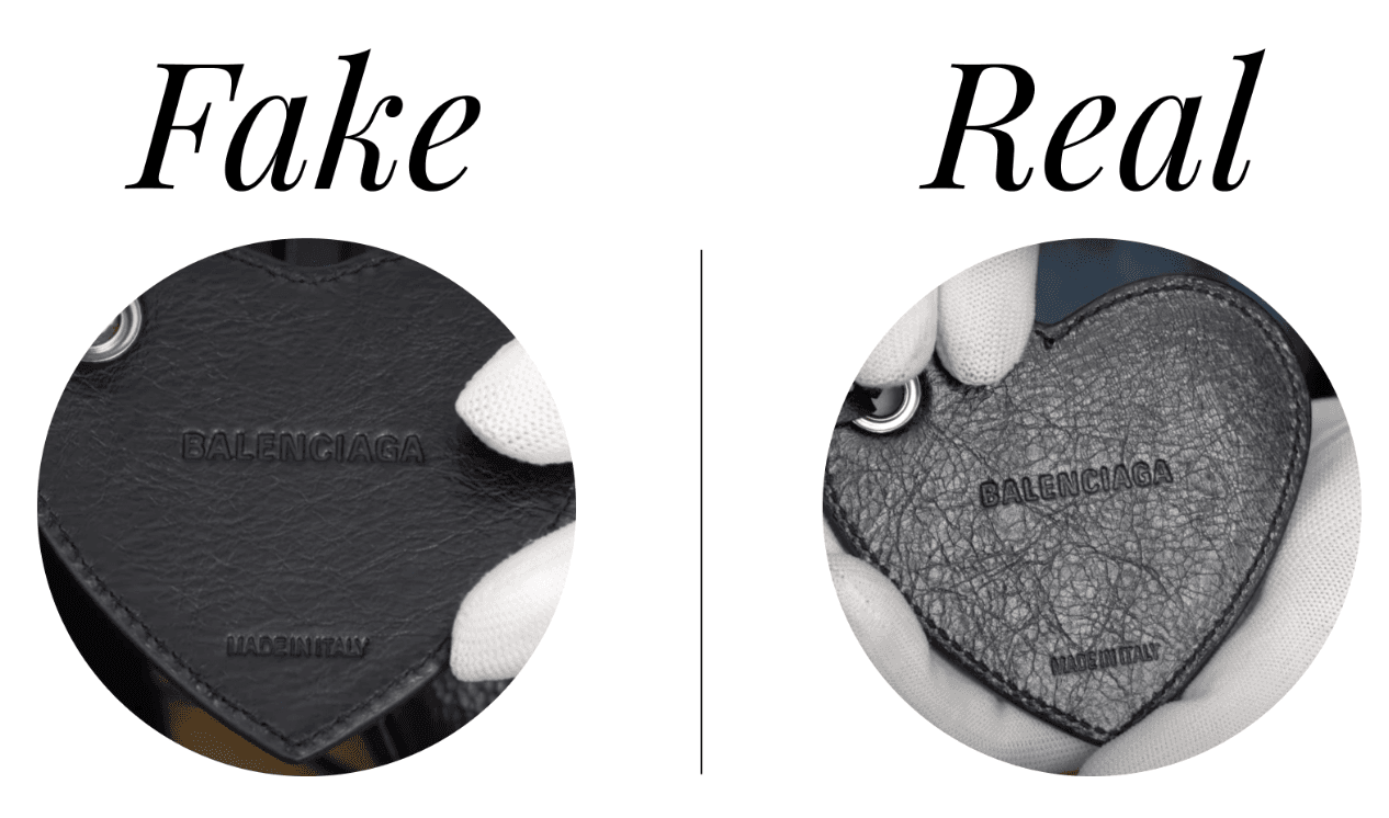 Balenciaga Cagole heart-shaped leather tag — fake shows flatter leather and shallower embossing (left) vs authentic tag with deep grain texture and crisp lettering (right)