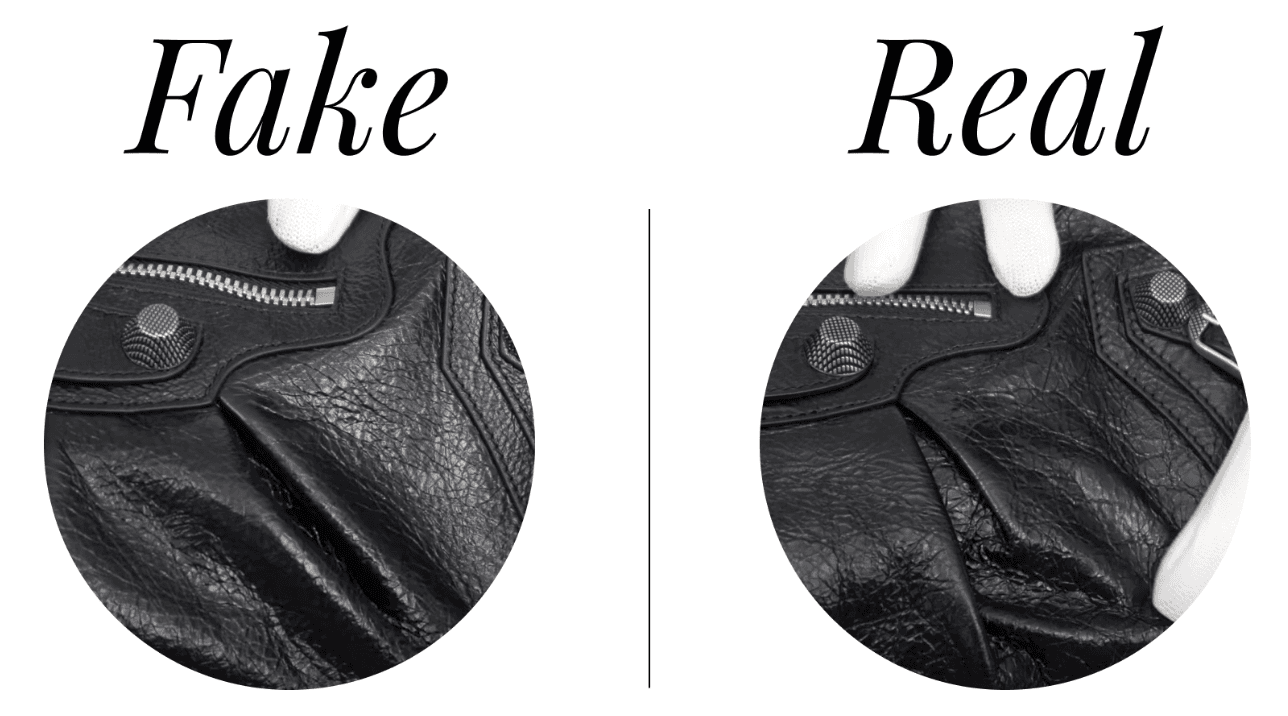 Balenciaga Cagole distressed leather and stud hardware — fake shows flatter, less organic leather wrinkling (left) vs authentic bag with deeper, irregular natural grain (right)