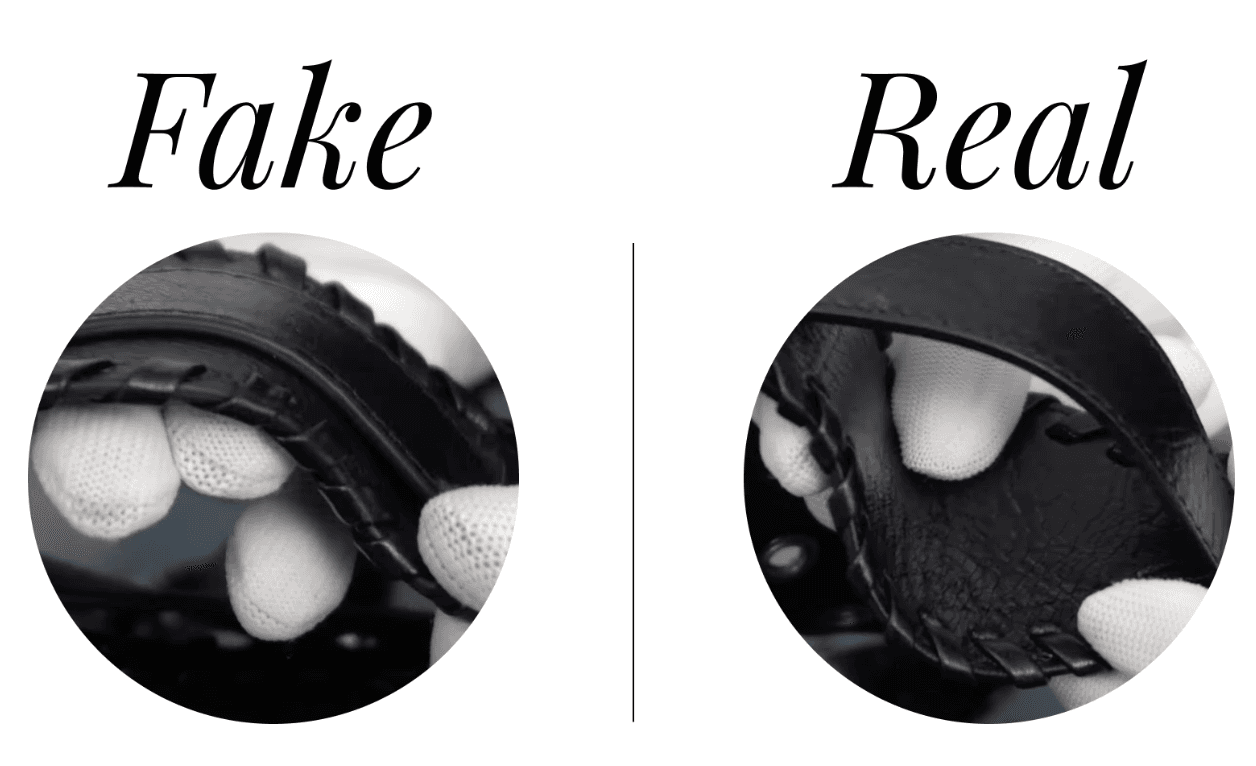 Balenciaga Cagole whipstitched handle — fake shows thinner, flatter lacing (left) vs authentic handle with thicker, more pronounced whipstitch texture (right)