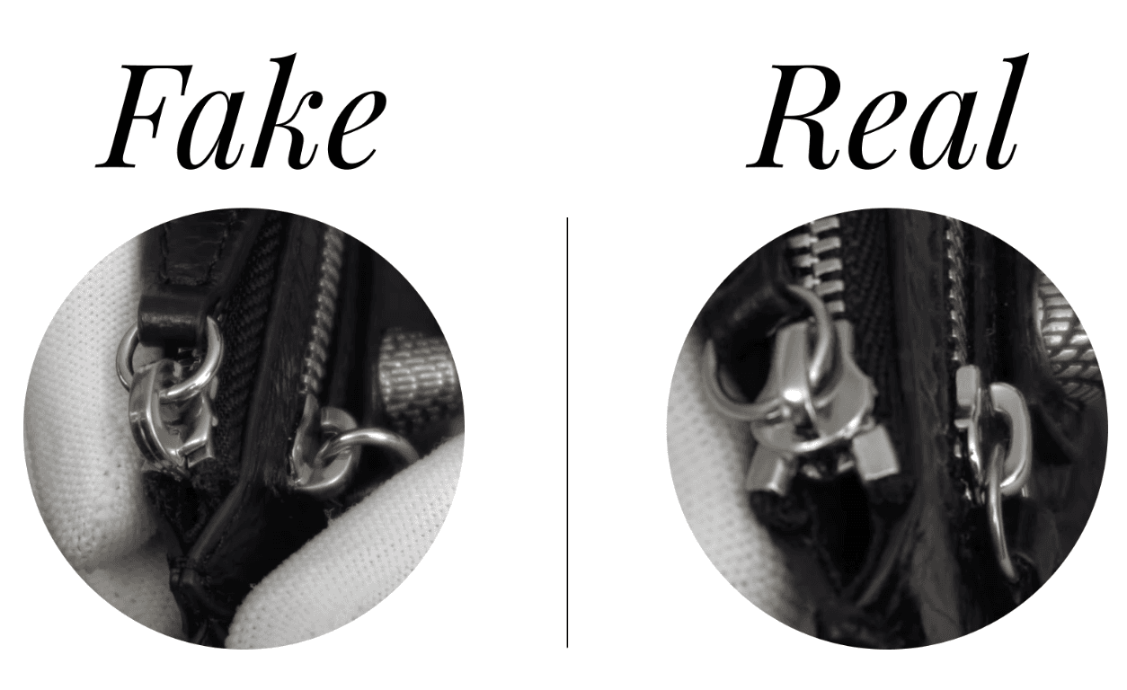 Balenciaga Cagole zipper pull hardware — fake shows a simplified ring-style pull (left) vs authentic multi-pronged claw-style pull with precise casting (right)
