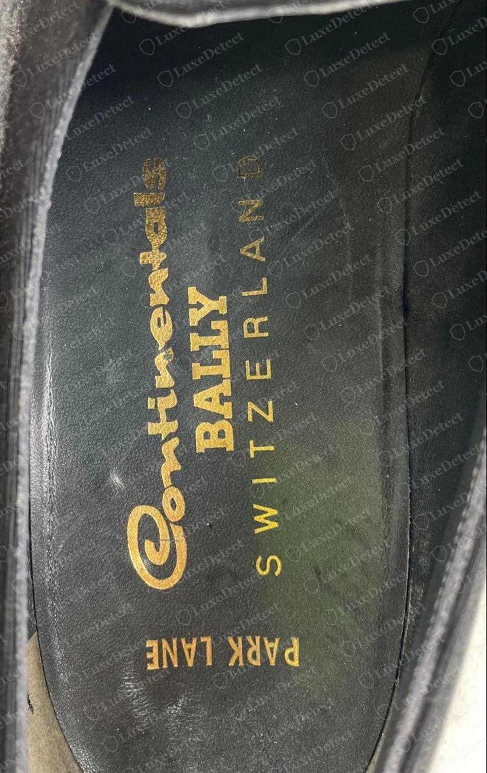 Genuine Bally Park Lane loafer insole printed in gold with Continentals, BALLY, SWITZERLAND and PARK LANE on black leather