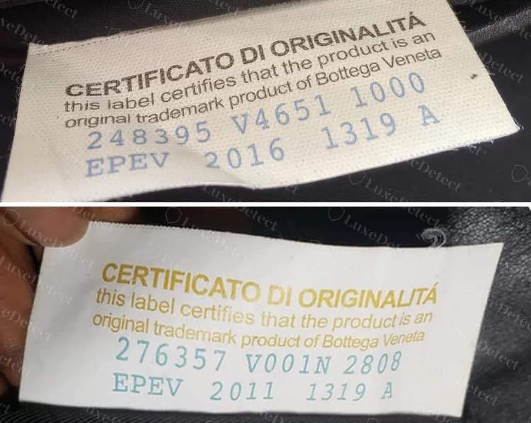 Zwei gefälschte Etiketten Certificato di Originalità: eines mit dunkelgrauer Überschrift, eines mit goldener Überschrift; beide enden auf 1319 A