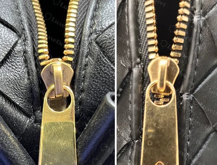 Ein echter Zipper der Mini Loop (links) neben dem Zipper einer gefälschten Mini Loop (rechts): Die Formen sind enge Kopien voneinander