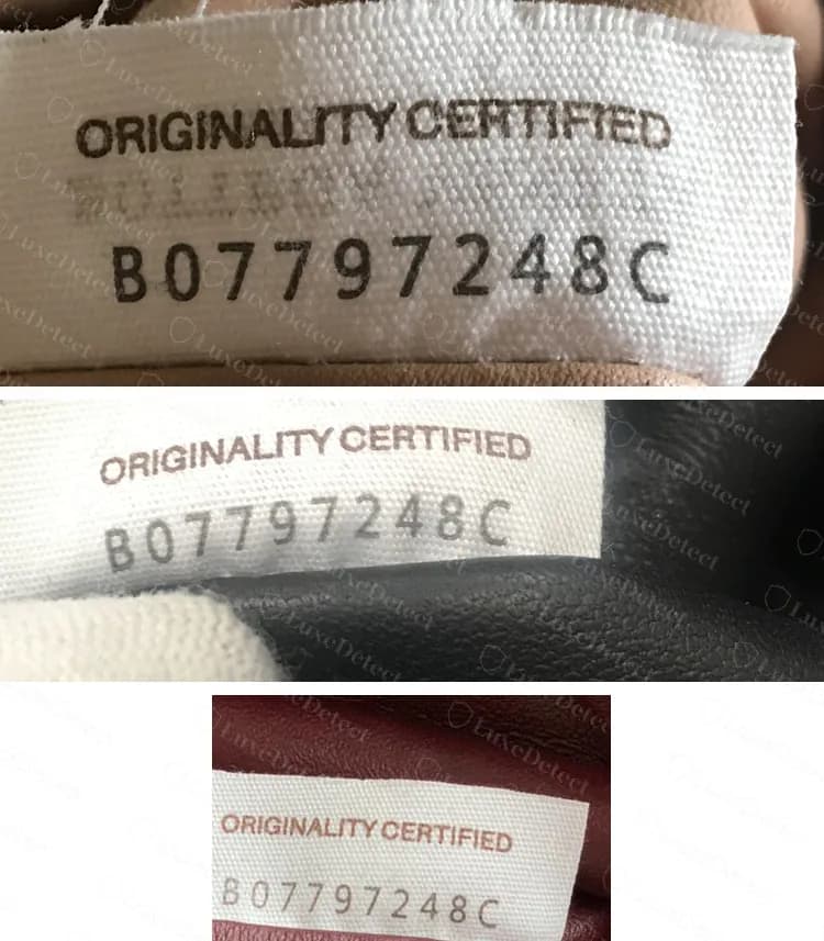 Três Pouch falsificadas de cores diferentes, cada uma com uma etiqueta Originality Certified impressa com o mesmo código, B07797248C