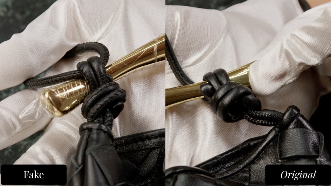 Leather cord knot comparison — fake (left) has visible seams; authentic (right) has a clean, closed knot
