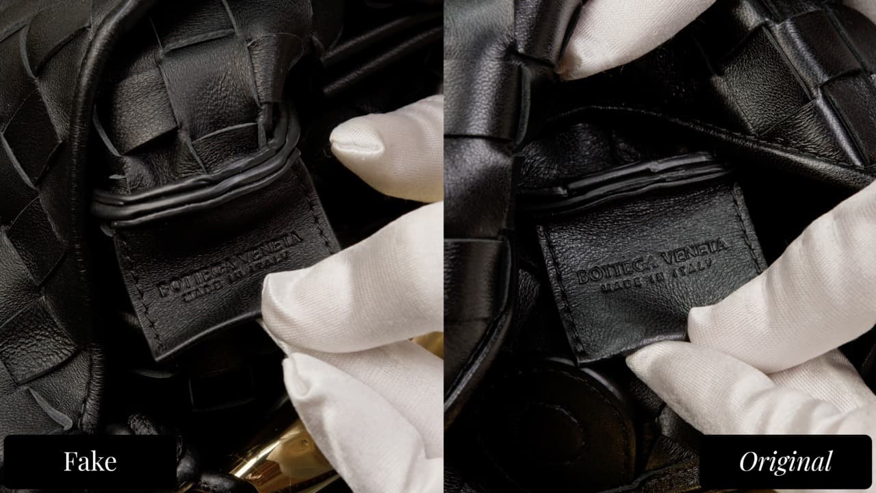 Interior stamp comparison — fake (left) is deeply pressed and hard to read; authentic (right) is lightly, precisely impressed