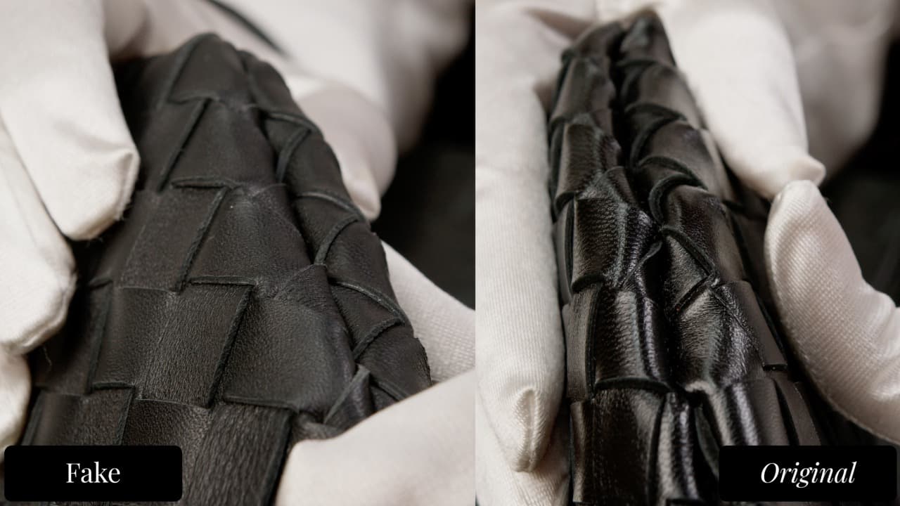 Intrecciato weave comparison — fake (left) is flat and matte; authentic (right) has a glossy sheen that highlights each woven panel