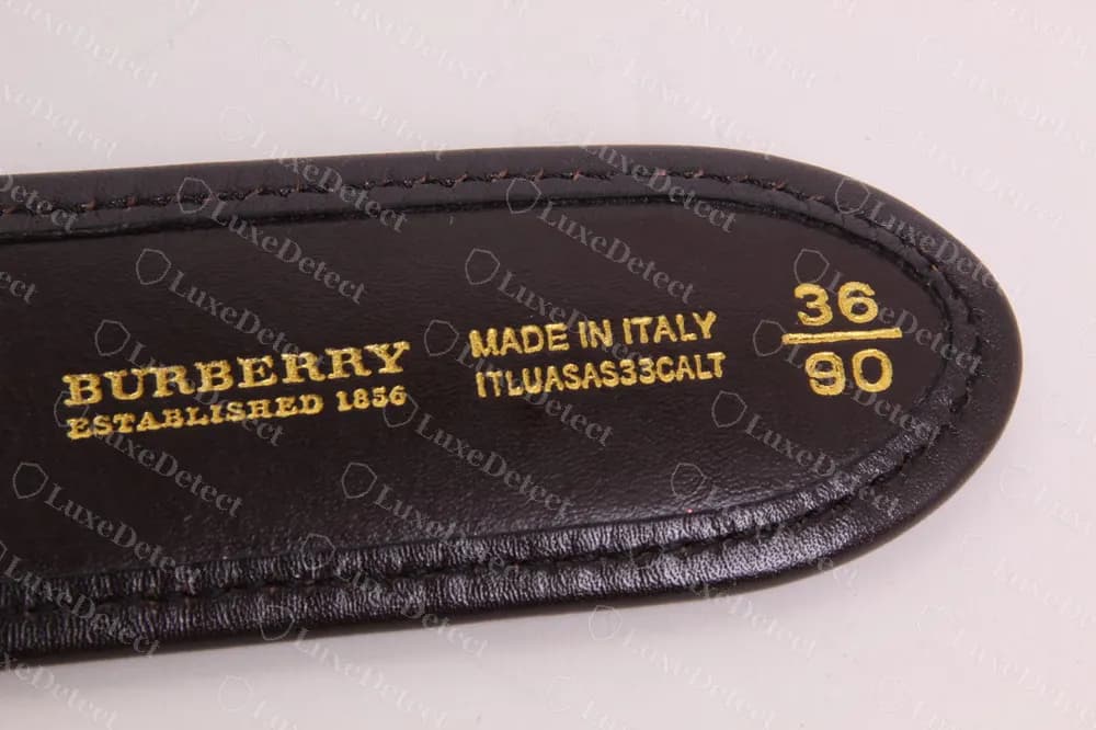 Authentic belt interior with gold-stamped BURBERRY ESTABLISHED 1856, Made in Italy, a code line and size 36 over 90