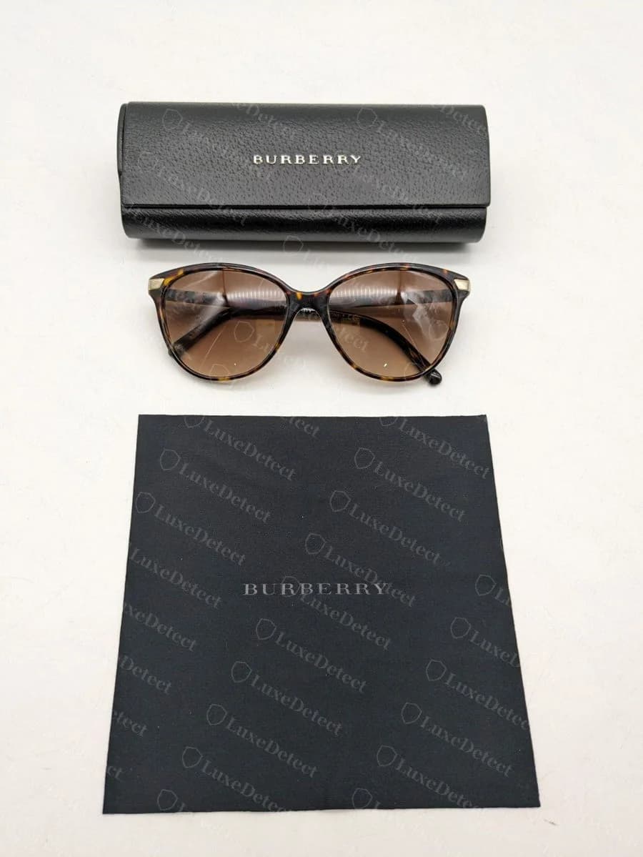 A counterfeit's matching case, cleaning cloth, and dust bag, all correctly patterned and visually convincing on their own.