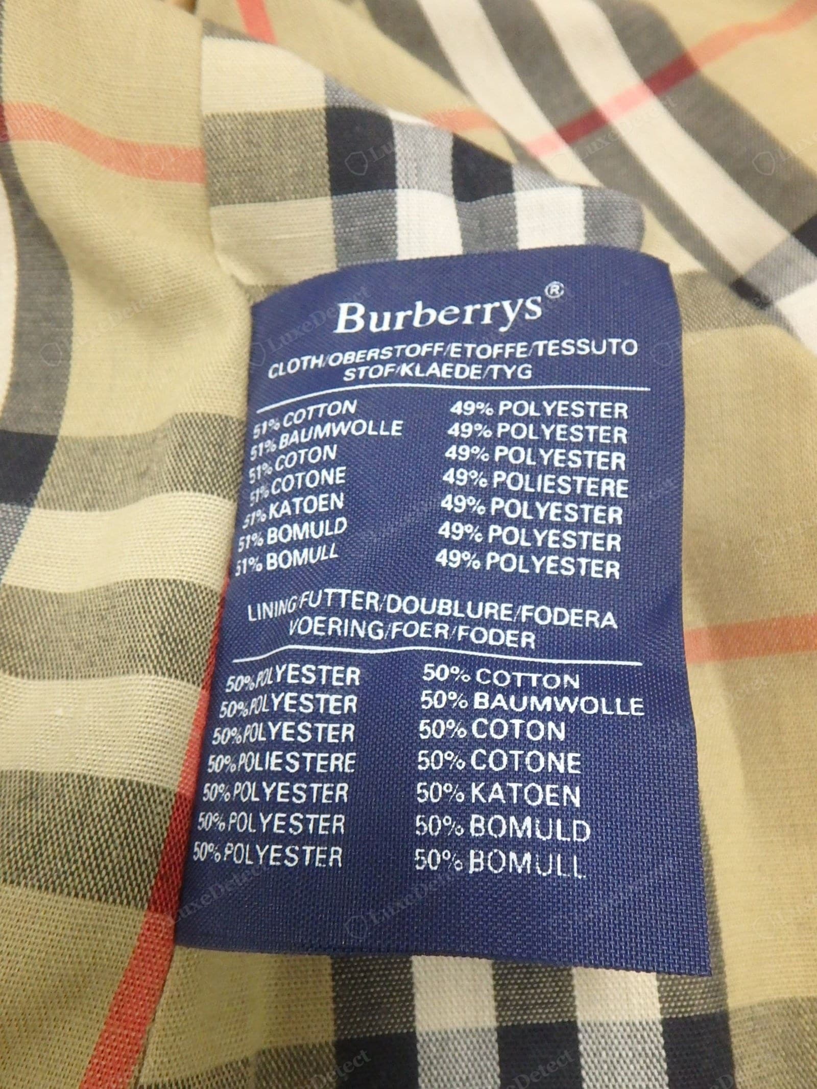 Genuine Burberry care label — correct fibre and care information, a valid RN number, cleanly printed in a side seam
