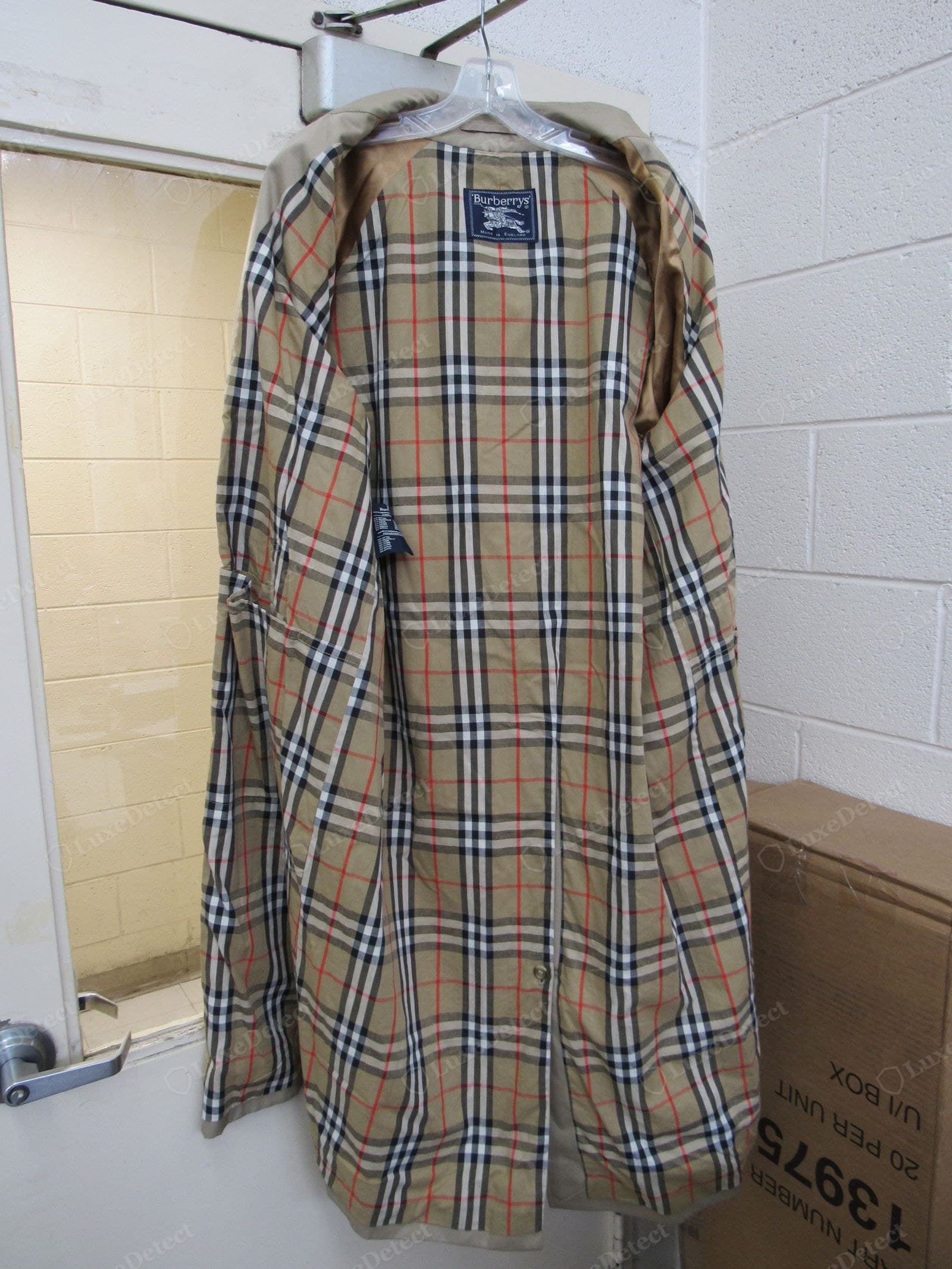 Genuine Burberry check lining — the full Nova check woven (not printed) into the lining of a vintage "Burberrys Made in England" trench, the pattern carrying with depth and matched down the centre back