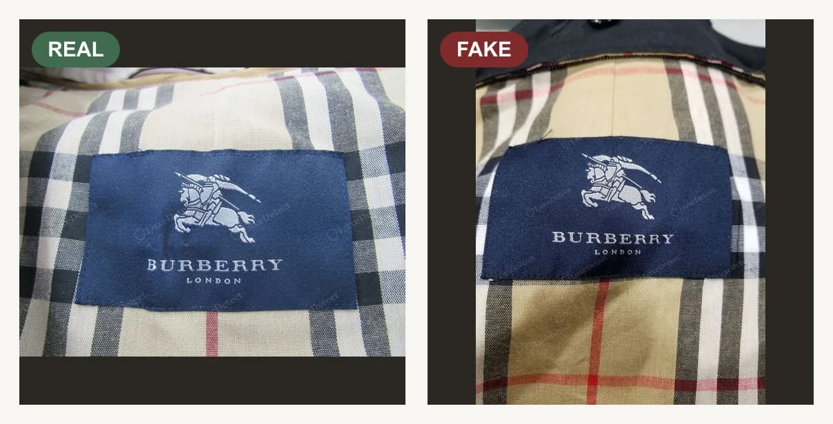À gauche, authentique : étiquette principale Burberry, tissage dense, Equestrian Knight Device net, cousue à plat et régulièrement. À droite, contrefaite : étiquette principale Burberry imprimée ou au tissage grossier, Knight Device flou, mauvais logo pour l'époque.