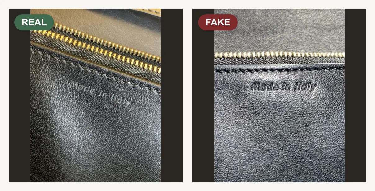 Izquierda, genuino: sello "Made in Italy" sobre forro de piel de cordero negra. Las letras cursivas son ligeras y poco profundas y se funden con el grano. Derecha, falsificación: sello "Made in Italy" sobre forro negro. Las letras son gruesas, pesadas y están hundidas, y se leen con mucha más fuerza que en los bolsos genuinos que comparamos.