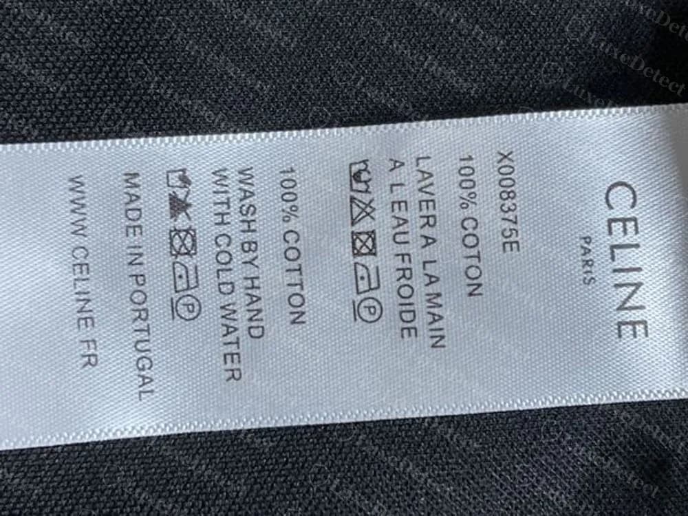 Parte de abajo de traje de baño Celine falsificada: etiqueta de cuidado con código de estilo X008375E, 100% algodón en francés e inglés, Made in Portugal y WWW.CELINE.FR