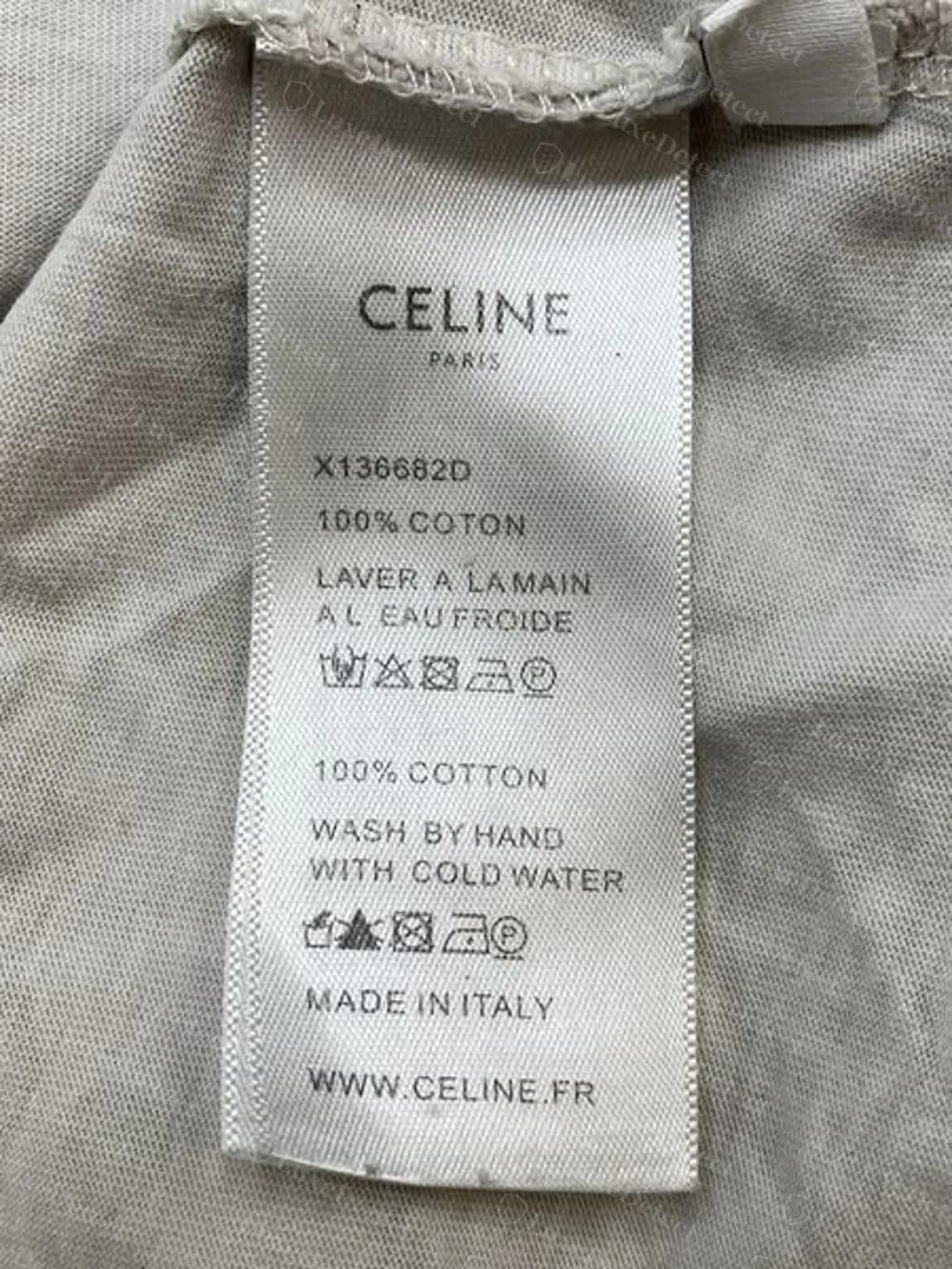 Counterfeit Celine tee care label with the eight-character code X136682D, 100% cotton and WWW.CELINE.FR