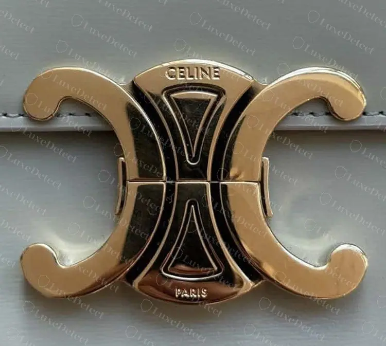 Authentic Triomphe clasp (Teen Triomphe in shiny calfskin): CELINE and PARIS cut deep into the plate, with sharp letter walls and even spacing.