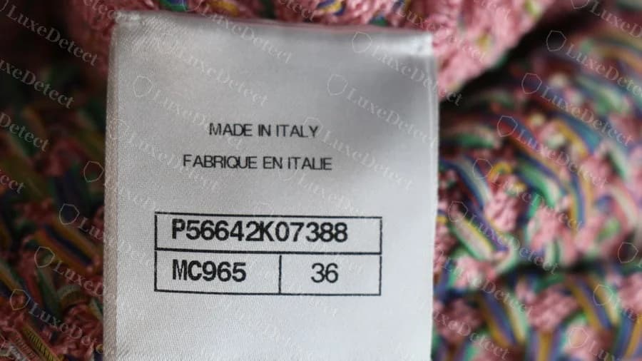 Genuine Chanel style label reading Made in Italy, Fabrique en Italie, with a boxed code of P, five digits, a letter and five digits, plus a colour code and size 36