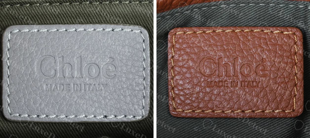 À gauche : la pièce de cuir intérieure d'un Marcie gris authentique, « Chloé » et MADE IN ITALY embossés. À droite : la pièce d'un faux Marcie fauve confirmé avec la même disposition