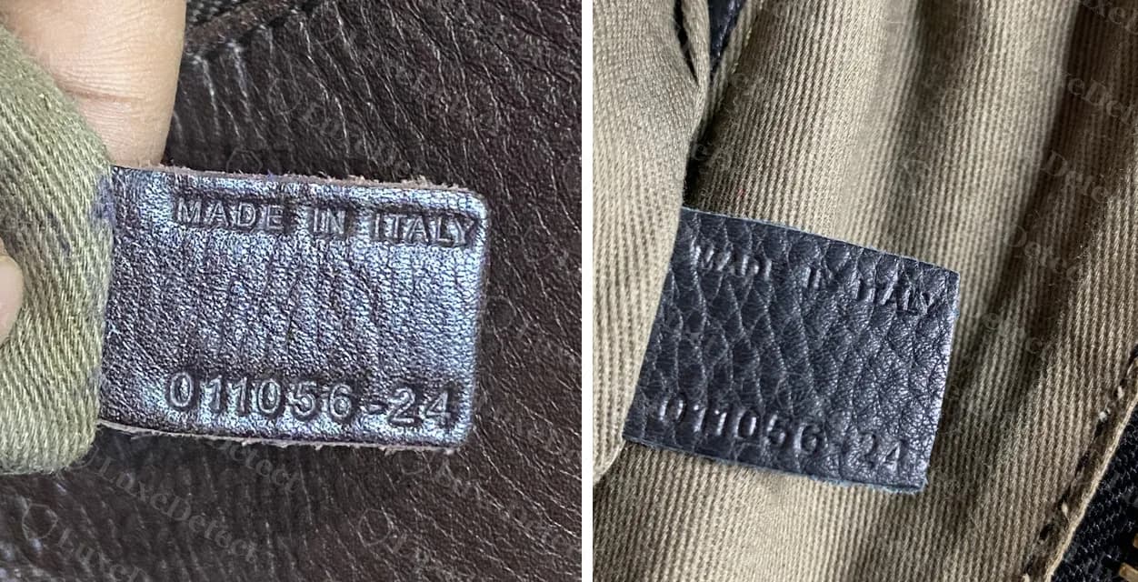Izquierda: etiqueta de serie de un Marcie genuino antiguo, MADE IN ITALY sobre 011056-24. Derecha: etiqueta de serie de un Marcie falso confirmado con el mismo estampado MADE IN ITALY y 011056-24