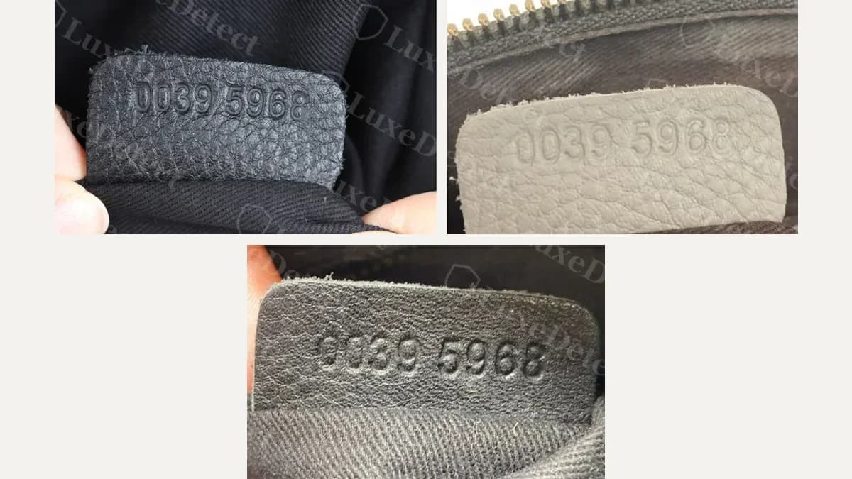 Serial tags from confirmed fake Marcies submitted separately (a black, a grey and another black bag), all stamped with the same spaced number 0039 5968