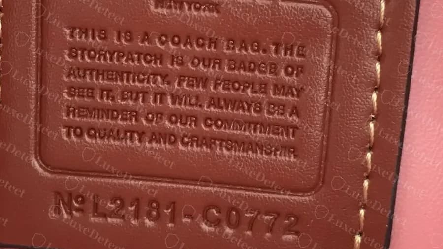 Creed patch on a verified authentic Coach Pillow Tabby 26: the storypatch wording, evenly spaced letters and the modern code N° L2181-C0772.