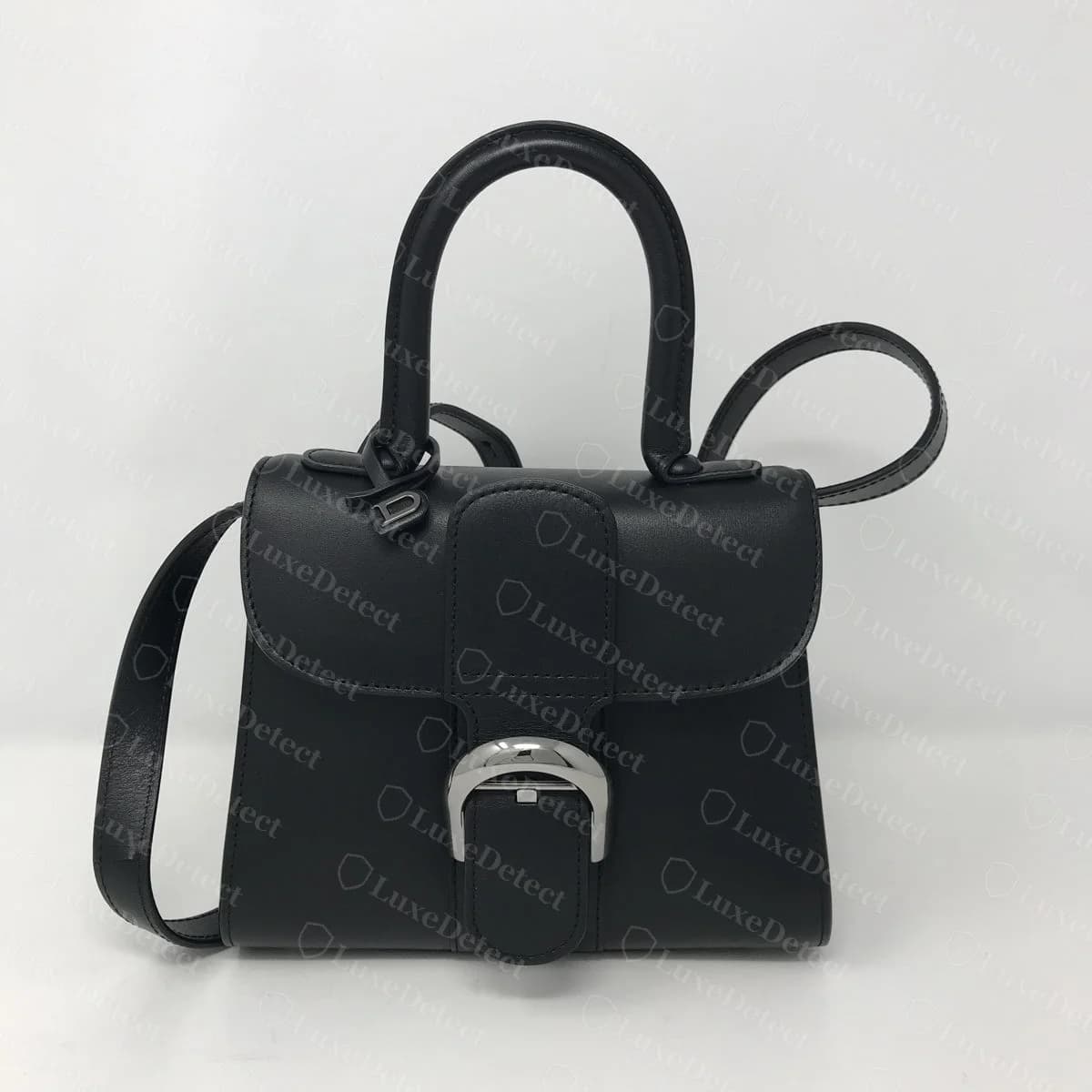 Genuine Delvaux Brillant silhouette, rounded-trapezoid body, curved flap, rolled top handle, D-buckle centred on the flap