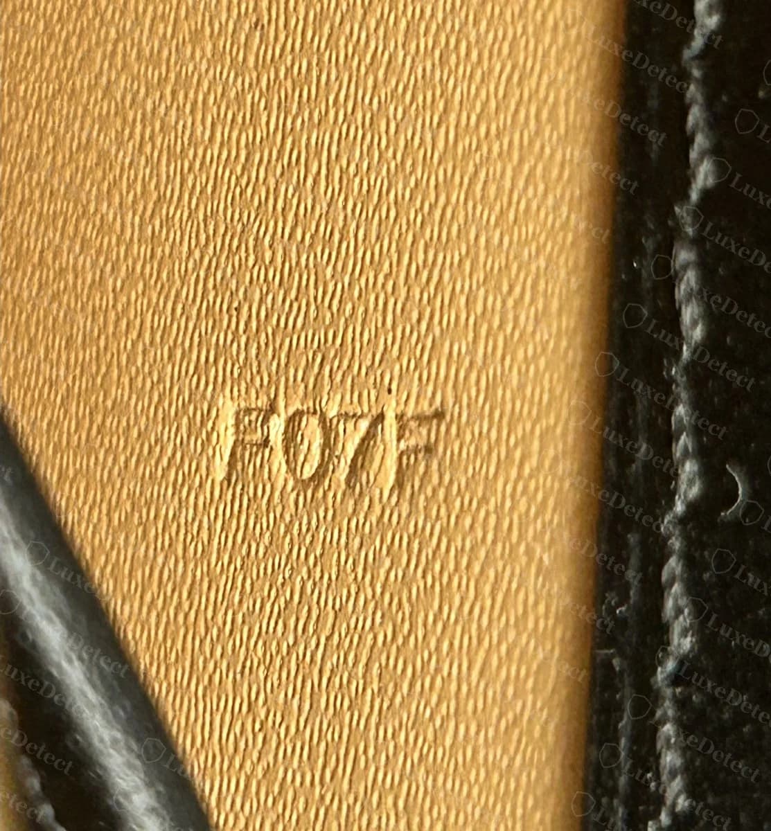 Genuine Delvaux Tempête blind-stamped code reading F07F on the tan leather lining