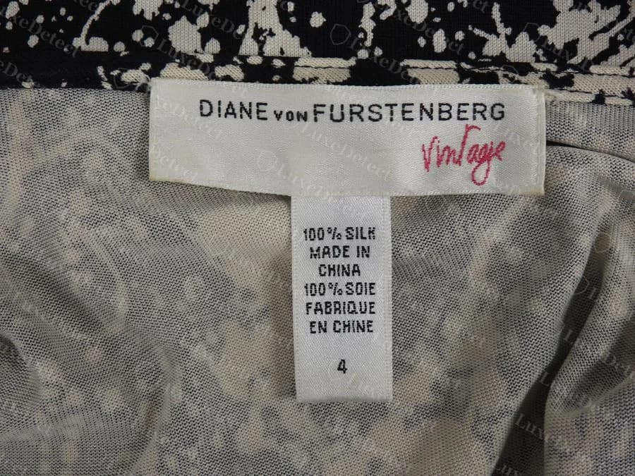 Genuine Diane von Furstenberg white woven label reading DIANE von FURSTENBERG with the word Vintage in pink script, with a content label below reading 100% silk, made in China, in English and French, size 4