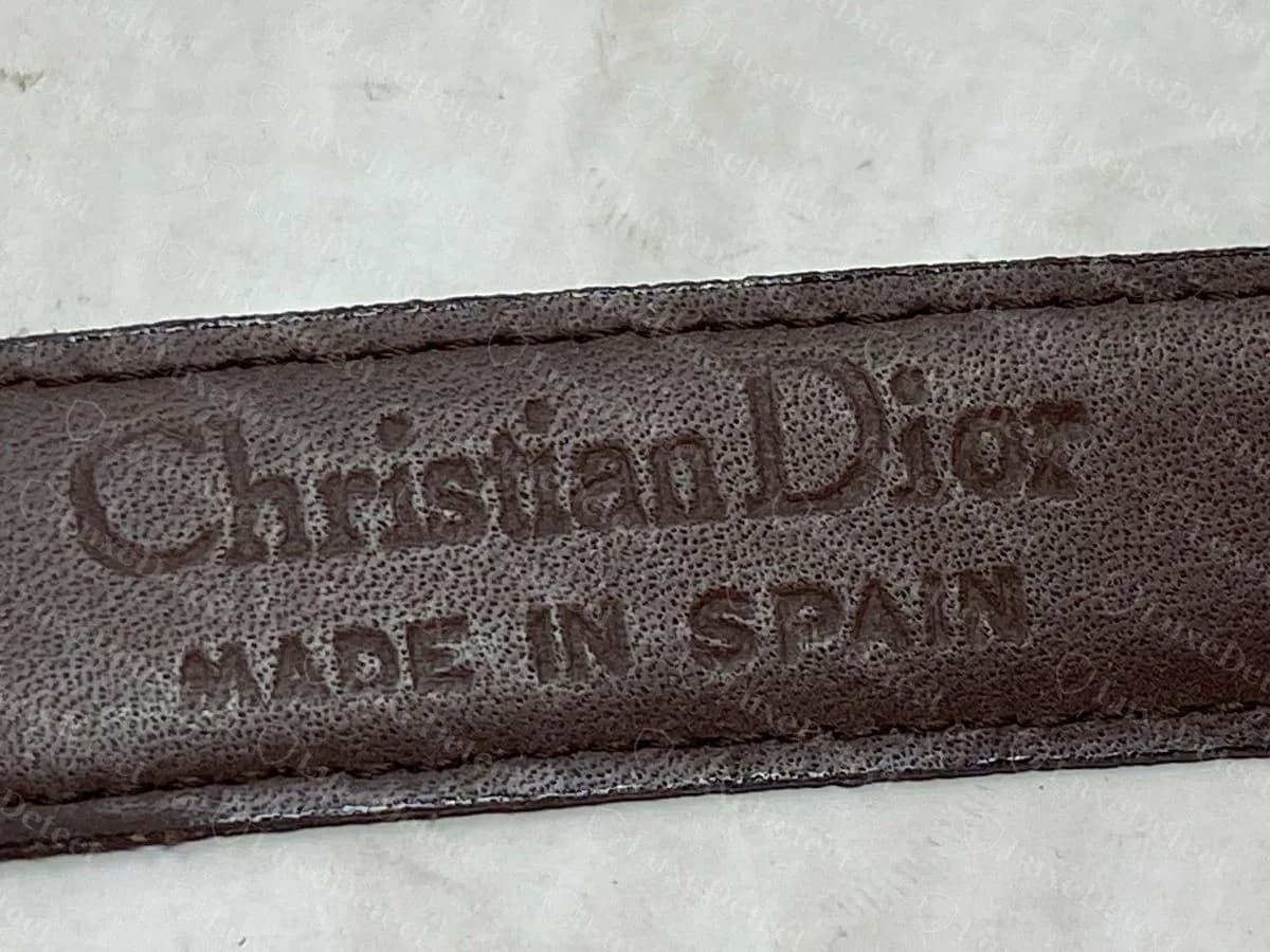 Genuine vintage licensed Christian Dior belt, "Christian Dior MADE IN SPAIN" heat-stamped into the brown leather lining